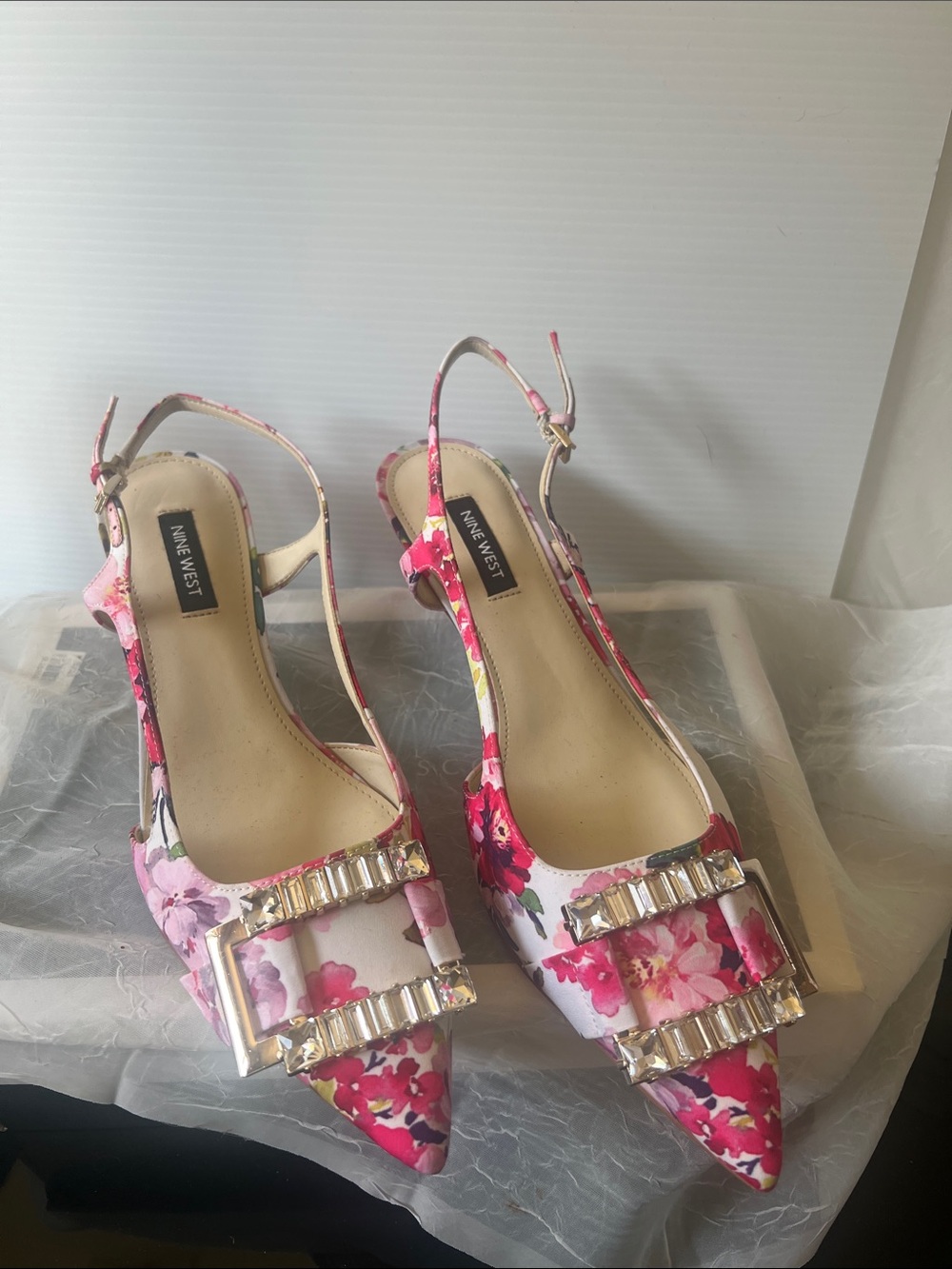 Nine West Pink Floral Slingback Pointed Toe Heels with Crystal Buckle